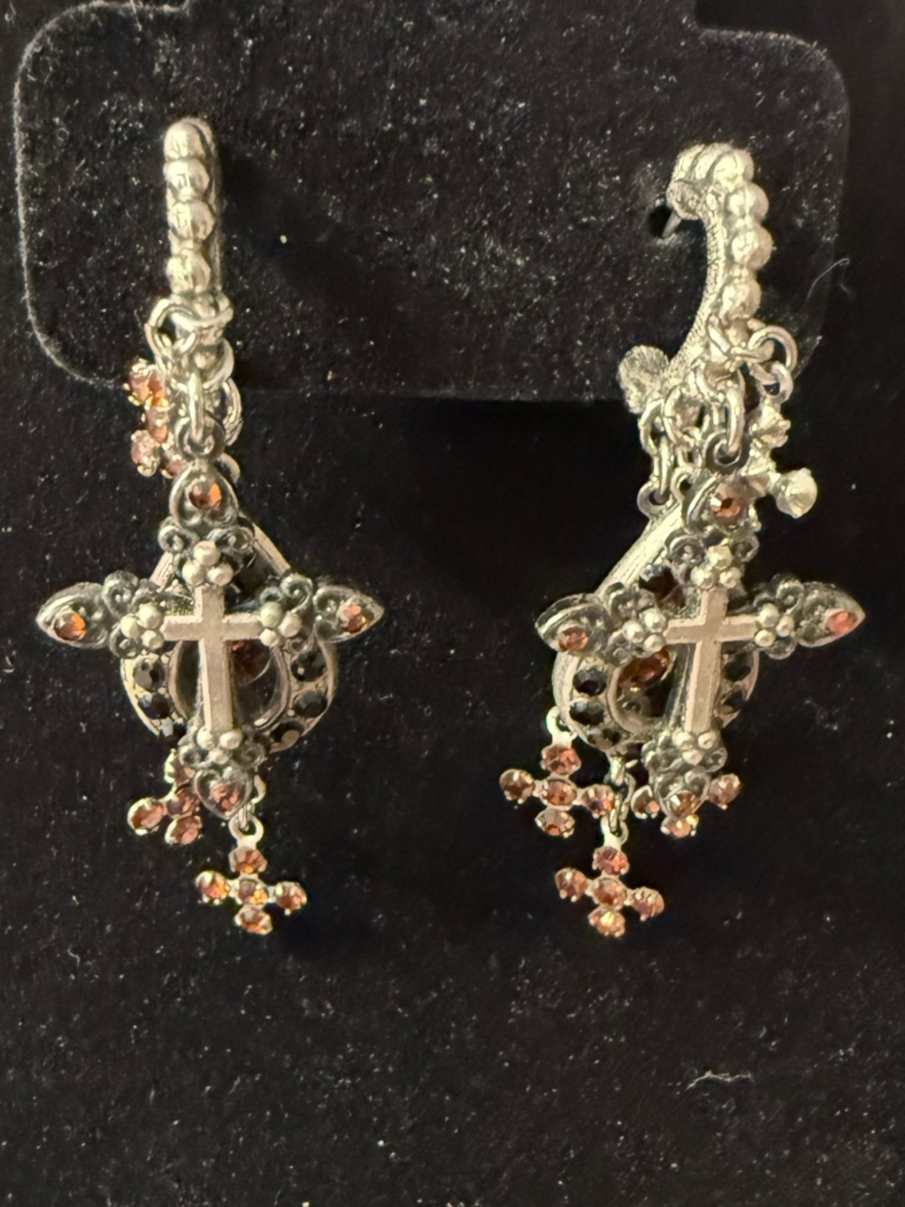 Silver Cross Dangle Earrings with Accent Stones